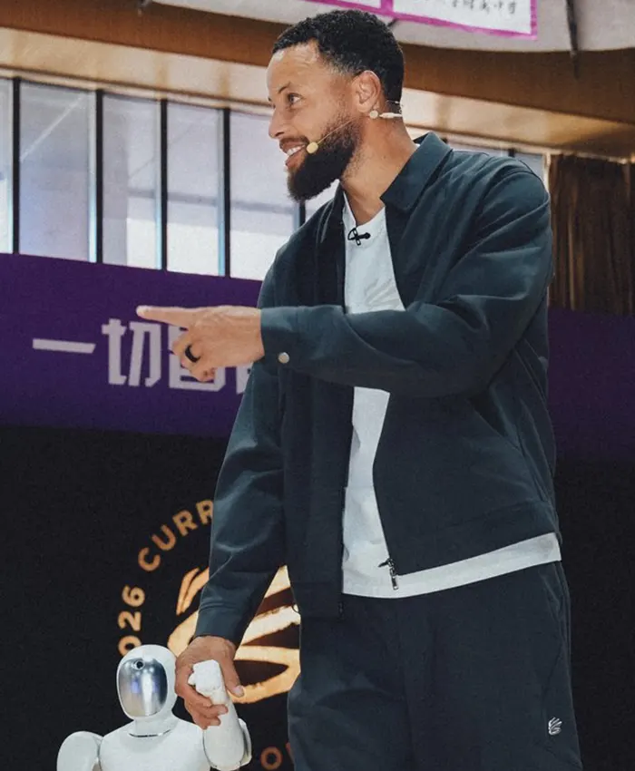 Close-up of NBA Golden State Warriors Stephen Curry China Tour Beijing 2026 Grey Cotton Jacket