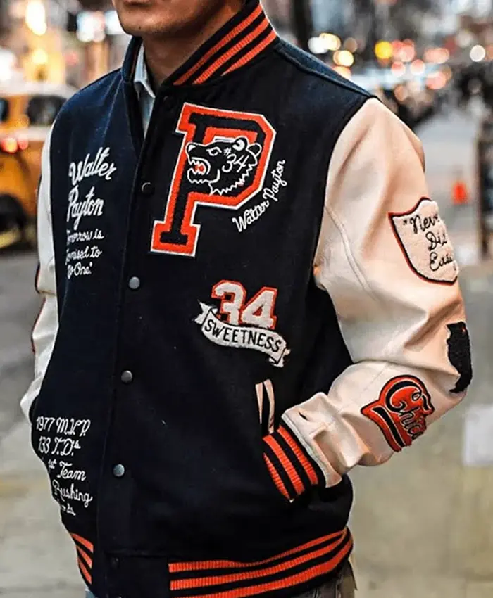 Close-up of NBA Legend Dwyane Wade Roots of Fight Sweetness Walter Payton Legacy Navy Varsity Jacket