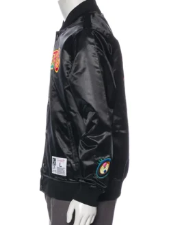 Close-up of NBA Los Angeles Lakers Takashi Murakami x ComplexCon Mitchell & Ness Black Satin Varsity Jacket