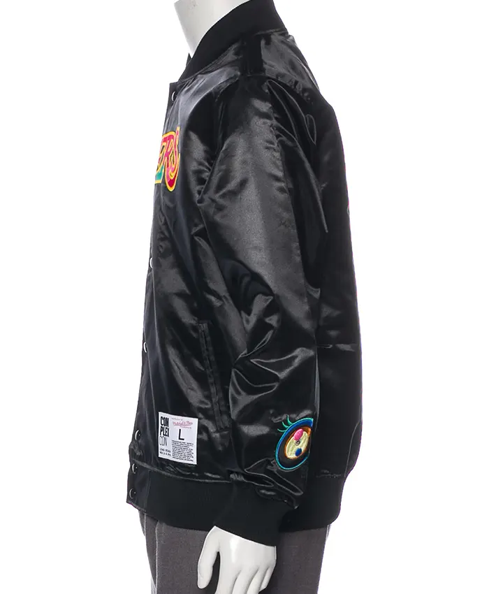 Close-up of NBA Los Angeles Lakers Takashi Murakami x ComplexCon Mitchell & Ness Black Satin Varsity Jacket
