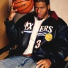 Close-up of NBA Philadelphia 76ers The King and The Answer Sixers Custom Black Leather Jacket