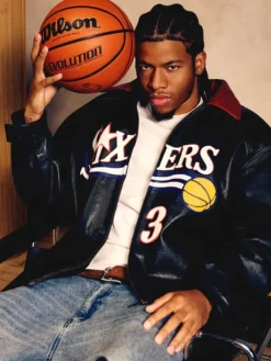 Close-up of NBA Philadelphia 76ers The King and The Answer Sixers Custom Black Leather Jacket