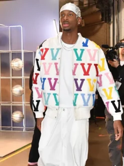 Close-up of NBA Shai Gilgeous-Alexander You Broke My Heart White Varsity Wool Jacket