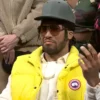 Close-up of NBC Saturday Night Live Season 52 Premiere Jalen Brunson Yellow Parachute Puffer Vest