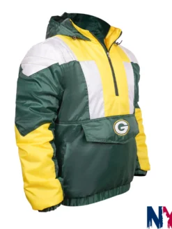Close-up of NFL Green Bay Packers Charger Green Polyester Half-Zip Pullover Hooded Jacket