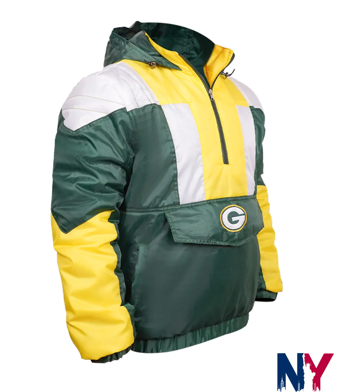 Close-up of NFL Green Bay Packers Charger Green Polyester Half-Zip Pullover Hooded Jacket