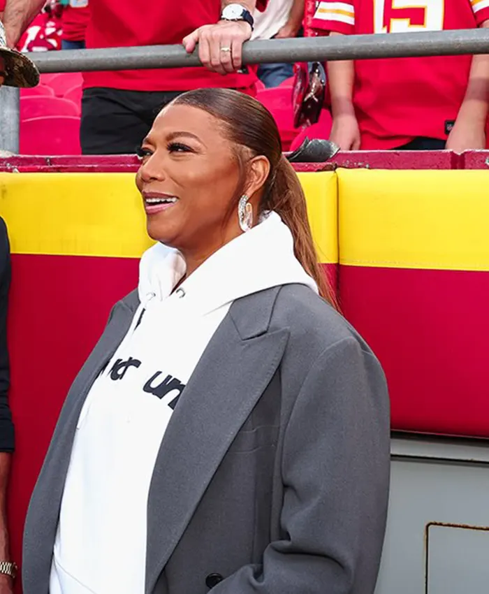 Close-up of NFL Kansas City Chiefs Game GEHA Field Queen Latifah Grey Trench Coat
