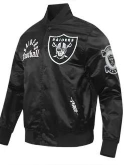 Close-up of NFL Las Vegas Raiders Pro Standard Original Black And White Satin Varsity Jacket