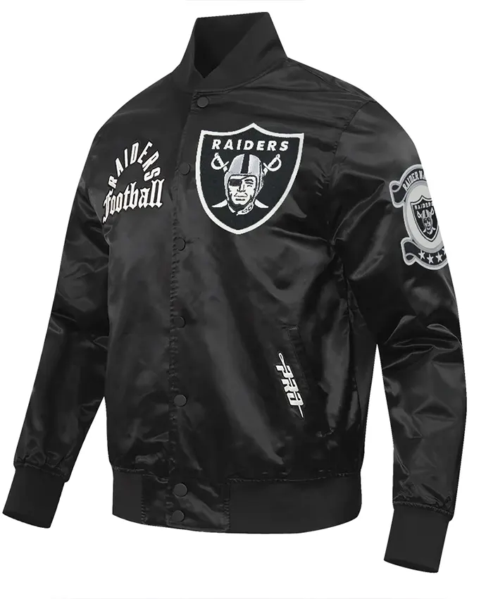 Close-up of NFL Las Vegas Raiders Pro Standard Original Black And White Satin Varsity Jacket
