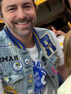 Close-up of NFL Los Angeles Rams Beau Clark Patchwork Blue Denim Vest