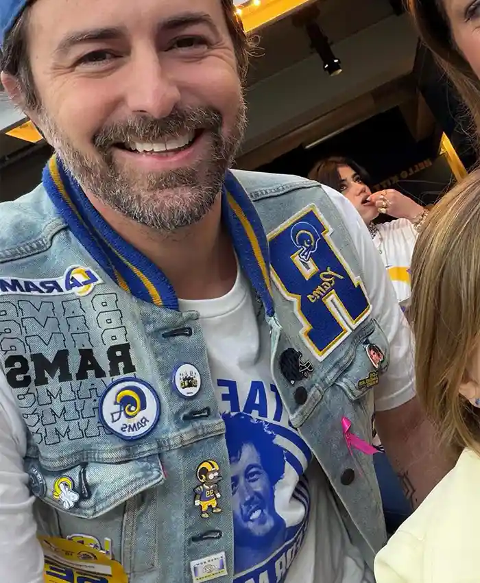 Close-up of NFL Los Angeles Rams Beau Clark Patchwork Blue Denim Vest