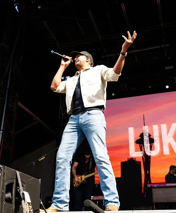 Close-up of NFL Luke Bryan USAA Salute 250 Kickoff Concert White Cotton Workwear Jacket