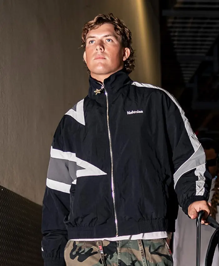 Close-up of NFL New York Giants Jaxson Dart NAHMIAS MVP Black Nylon Bomber Track Jacket