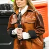 Close-up of NFL Packers vs Eagles Luisa Sonza Performance 2026 Brown Leather Jacket