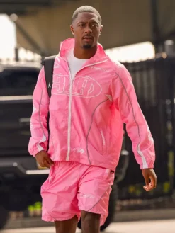 Close-up of NFL Philadelphia Eagles Pink Vibrant Polyester Windbreaker Track Jacket Sale