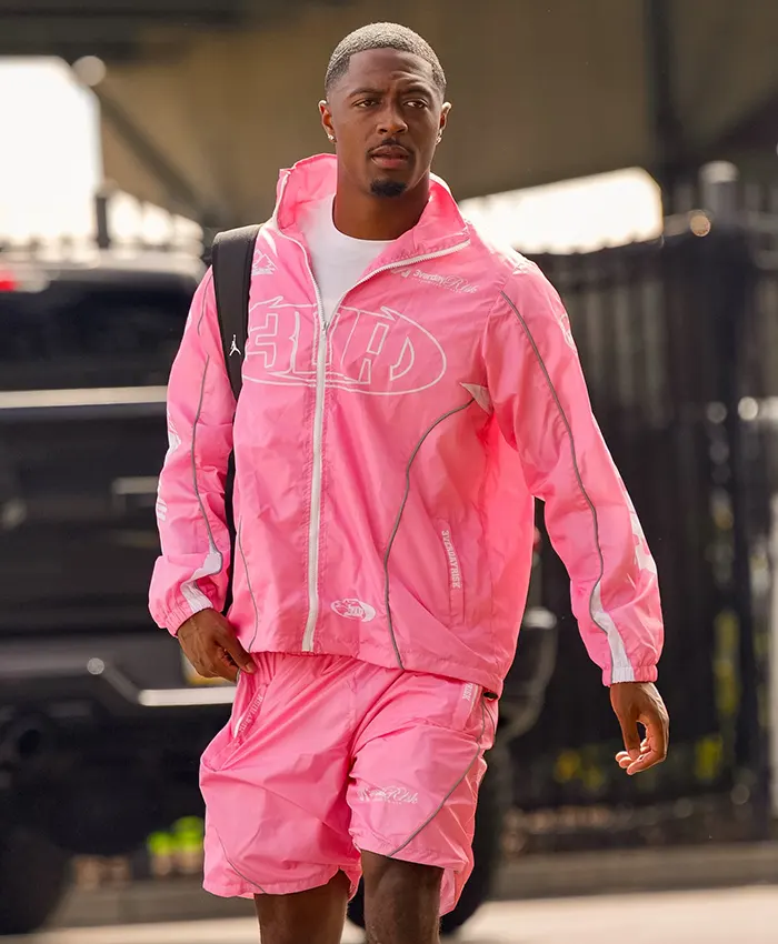 Close-up of NFL Philadelphia Eagles Pink Vibrant Polyester Windbreaker Track Jacket Sale