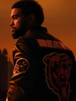 Close-up of NFL Team Chicago Bears Caleb Williams Madden NFL 27 Black Leather Jacket