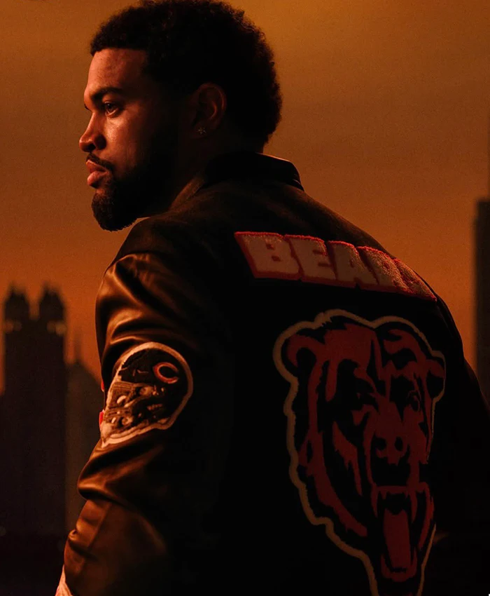 Close-up of NFL Team Chicago Bears Caleb Williams Madden NFL 27 Black Leather Jacket