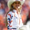 Close-up of NFL Team Denver Broncos Ann Judge Passing of the Reins White Leather Jacket