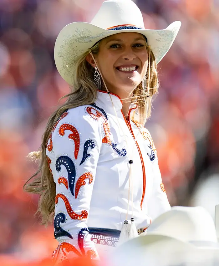 Close-up of NFL Team Denver Broncos Ann Judge Passing of the Reins White Leather Jacket