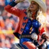 Close-up of NFL Team Denver Broncos Passing of the Reins Ann Judge Orange Leather Jacket