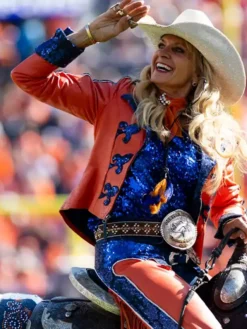 Close-up of NFL Team Denver Broncos Passing of the Reins Ann Judge Orange Leather Jacket