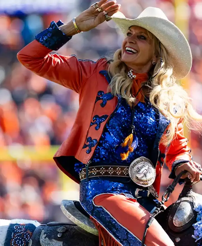 Close-up of NFL Team Denver Broncos Passing of the Reins Ann Judge Orange Leather Jacket