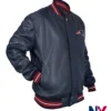 Close-up of NFL Team New England Patriots Navy Blue Leather Varsity Bomber Jacket