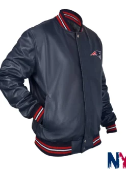 Close-up of NFL Team New England Patriots Navy Blue Leather Varsity Bomber Jacket