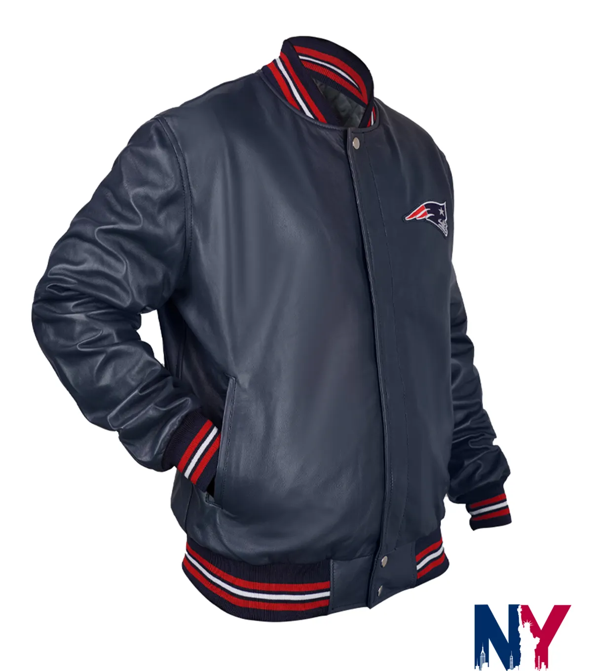 Close-up of NFL Team New England Patriots Navy Blue Leather Varsity Bomber Jacket