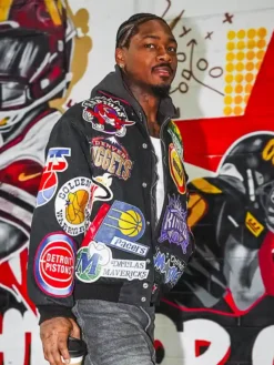Close-up of NFL Washington Commanders Stefon Diggs Arrival NBA Multi-Team Black Wool Bomber Jacket