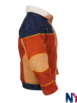 Close-up of Naruto Live Stage Spectacle Orange And Blue Bomber Suede Leather Jacket