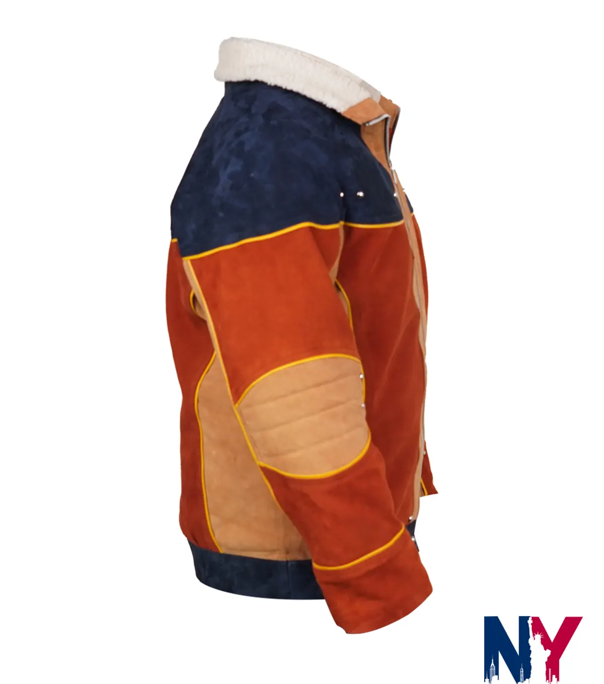Close-up of Naruto Live Stage Spectacle Orange And Blue Bomber Suede Leather Jacket