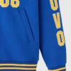 Close-up of October's Very Own x Degrassi Royal Blue Fleece Letterman Varsity Jacket