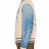 Close-up of Off-White Gothic Frozen Dew-Natural Blue Wool Denim Varsity Jacket For Men