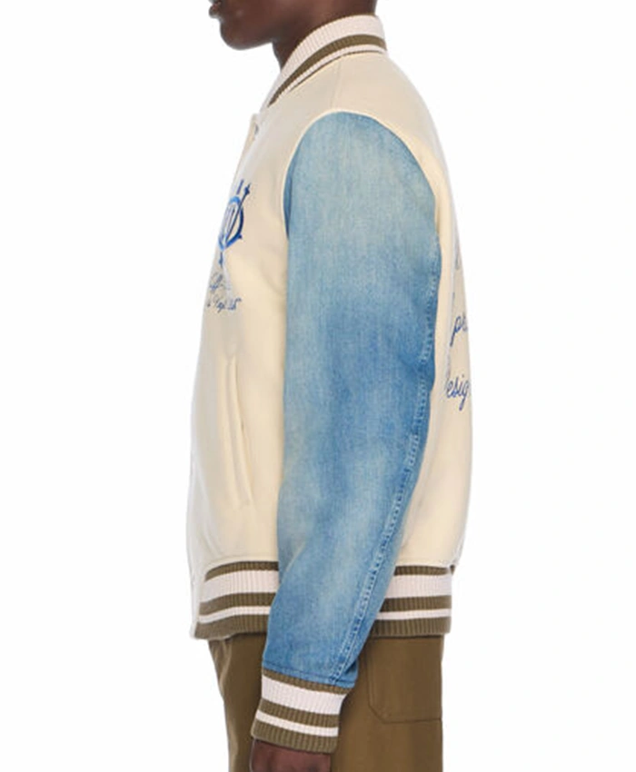 Close-up of Off-White Gothic Frozen Dew-Natural Blue Wool Denim Varsity Jacket For Men