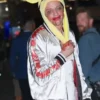 Close-up of Pete Davidson Tommy Karate Thomas Pitera Halloween White Satin Bomber Jacket