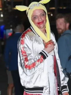 Close-up of Pete Davidson Tommy Karate Thomas Pitera Halloween White Satin Bomber Jacket