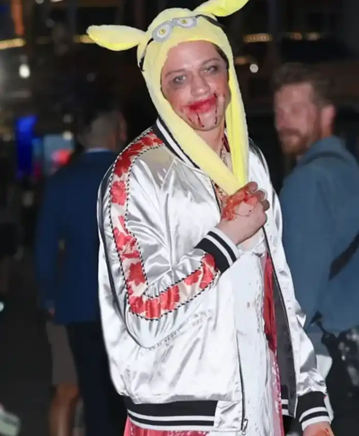 Close-up of Pete Davidson Tommy Karate Thomas Pitera Halloween White Satin Bomber Jacket
