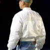 Close-up of Pharrell Williams Paris Rehearsals White Satin Louis Vuitton Bomber Varsity Jacket