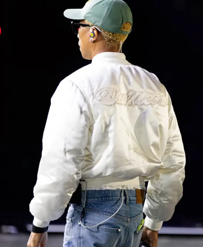Close-up of Pharrell Williams Paris Rehearsals White Satin Louis Vuitton Bomber Varsity Jacket