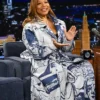 Close-up of Queen Latifah The Tonight Show Starring Jimmy Fallon Blue And White Patterned Trench Coat