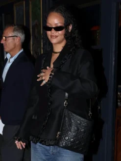 Close-up of Rihanna Leaving Business Dinner Paris 2026 Thursday Night Black Cotton Jacket