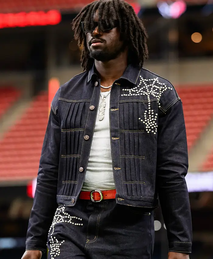 Close-up of Shemar Stewart Cleveland Browns Boredom Kills Spider Type Dark Denim Rivet Jacket