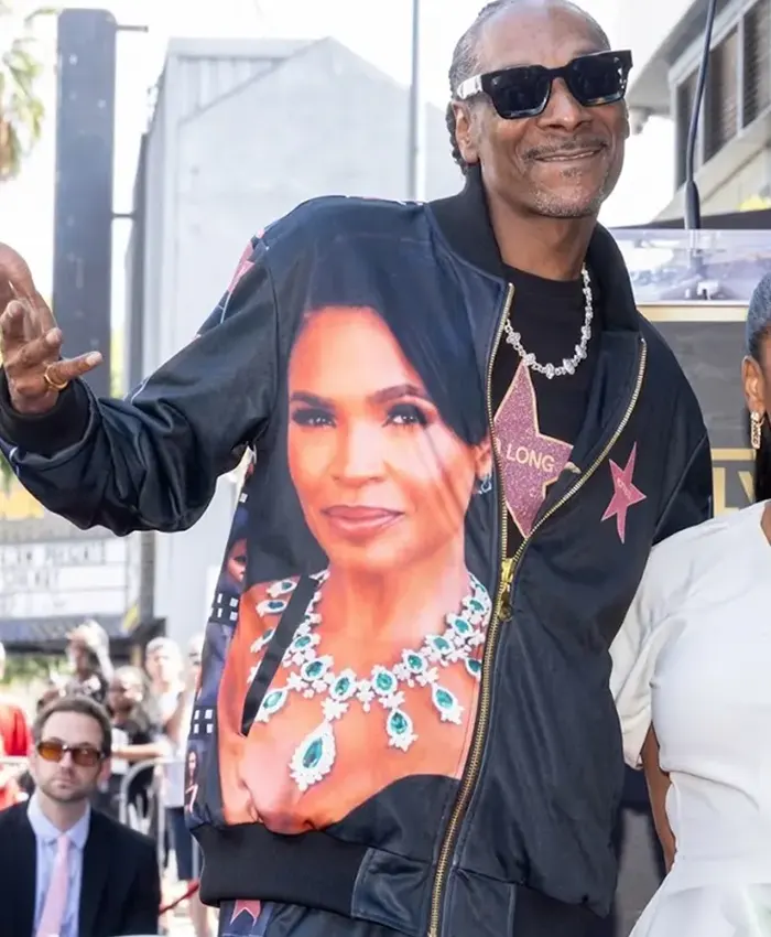 Close-up of Snoop Dogg Walk Of Fame 2026 Nia Long Tribute Film-Strip Navy Satin Bomber Jacket