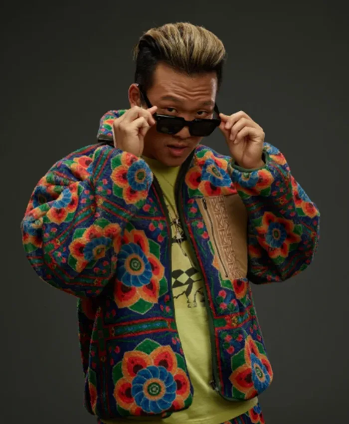 Close-up of TK Lee Series The Brothers Sun 2024 Joon Lee Floral Print Satin Zip-Up Jacket