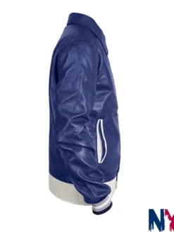 Close-up of TV-Series Bait Season 01 Shah Latif Riz Ahmed Blue Leather Varsity Jacket