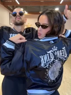 Close-up of Team Tink Dancing with the Stars S35 Maura Higgins Black Satin Starter Varsity Jacket