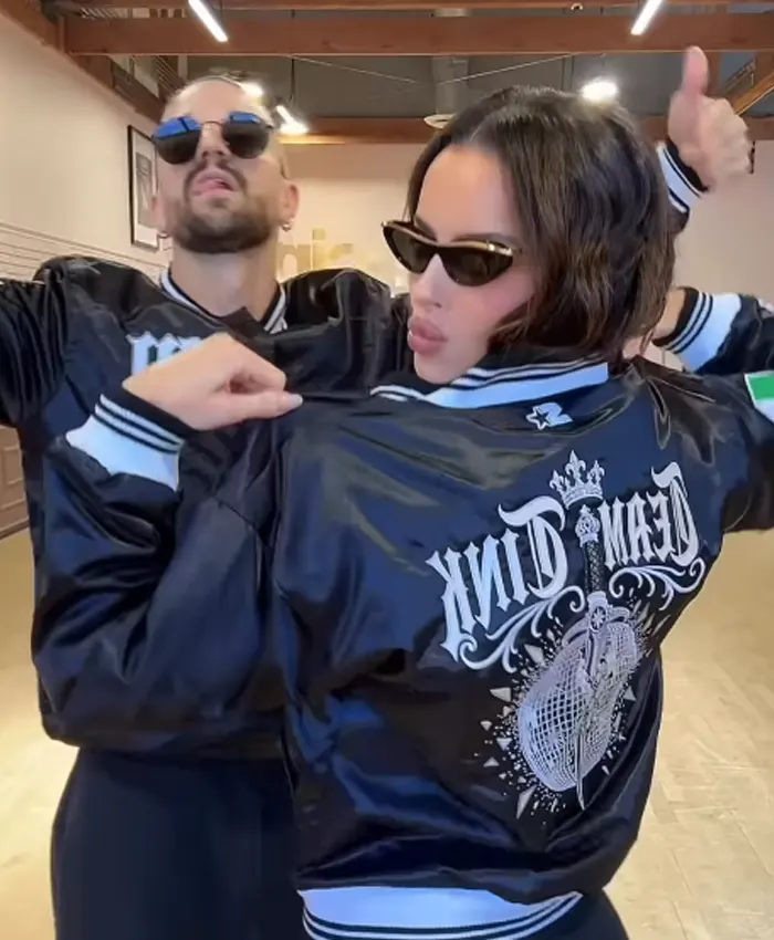 Close-up of Team Tink Dancing with the Stars S35 Maura Higgins Black Satin Starter Varsity Jacket