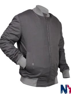 Close-up of The Batman 2022 Bruce Wayne Drifter Cotton Grey Bomber Jacket